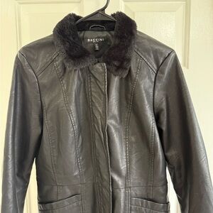 Baccini Women's Dark Leather Jacket with Plush Collar
